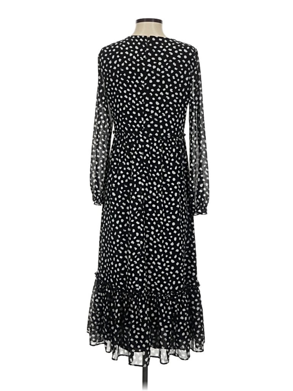 Crew Black & White Polka Dot Chiffon Midi Long Sleeve Tiered Ruffle Dress L - Picture 4 of 15